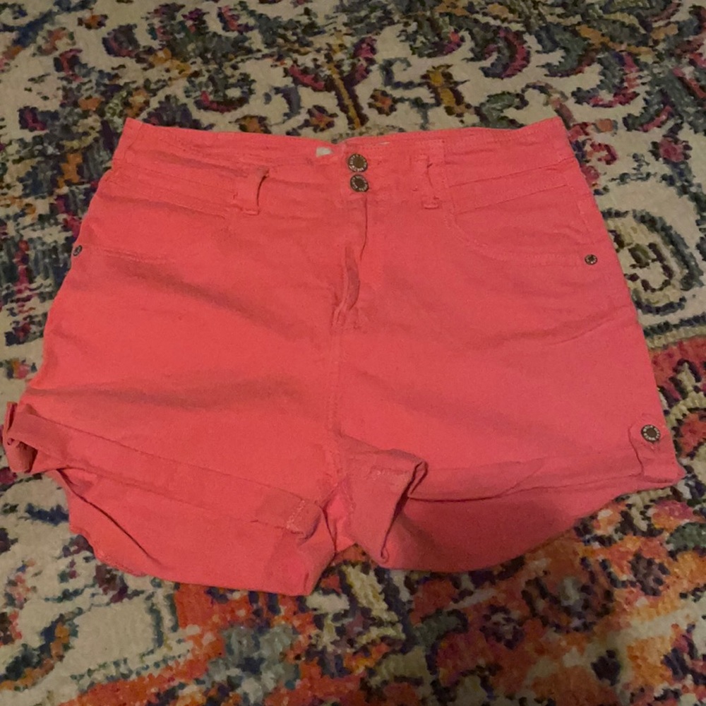 Topshop Tall Moto High Waist Coral Pink Denim Shorts size US 10